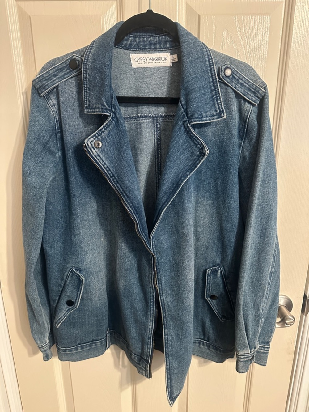 Gypsy Warrior Asymmetrical Full-Zip Denim Jean Jacket, Medium Blue Wash, Sz XL - Picture 7 of 16